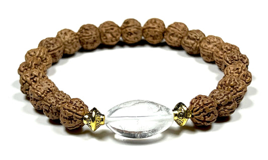 5 Mukhi Pathri Chikna Rudraksha and Himalayan Ice Crystal Quartz Stretch Bracelet – December Birthstone, Sagittarius Astrological Sign, Crown Chakra