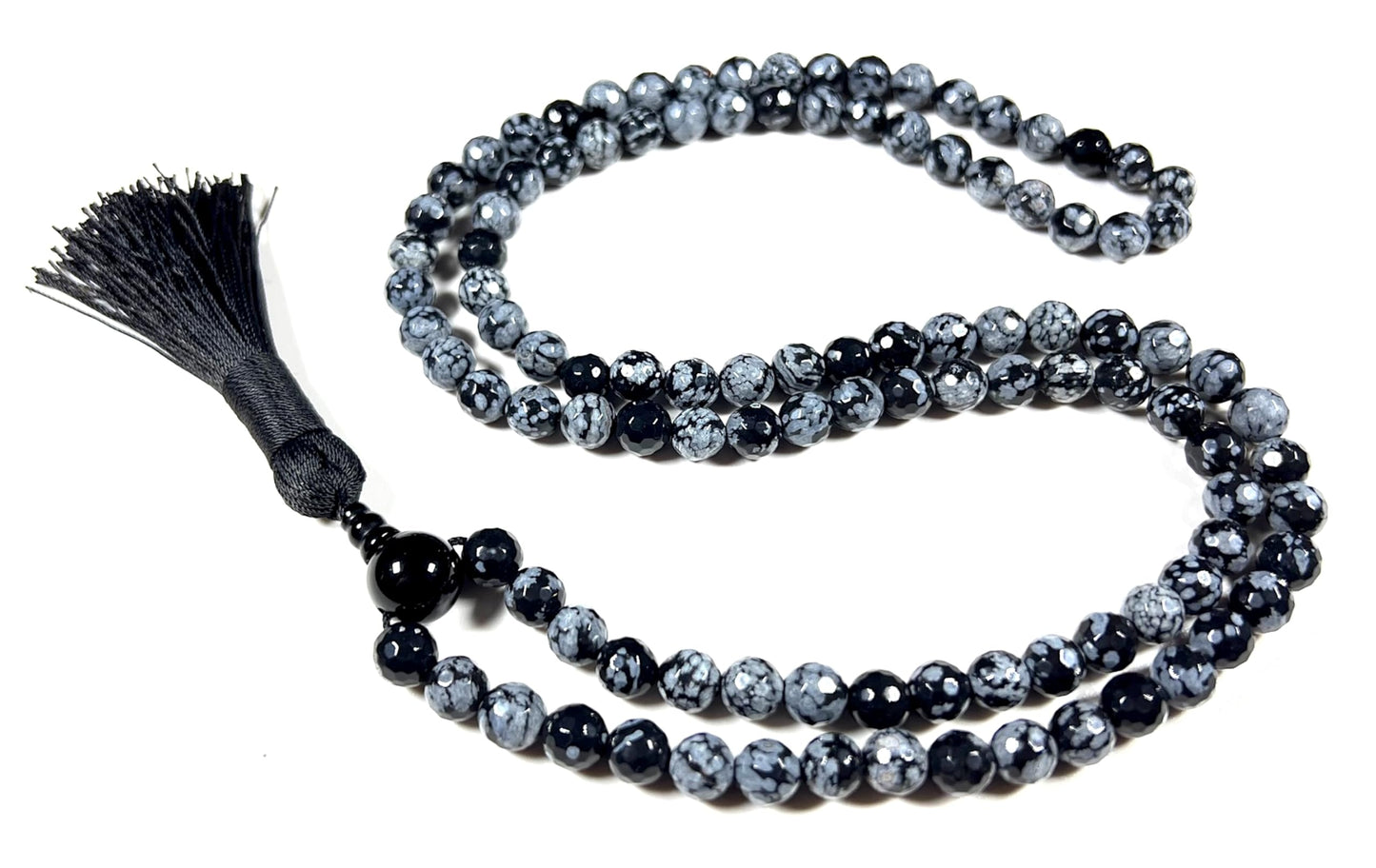 Snowflake Obsidian Mala Beads Necklace, Facetted 8mm 108 Mala Beads, Capricorn and Virgo Birthstone Crystal Gemstones