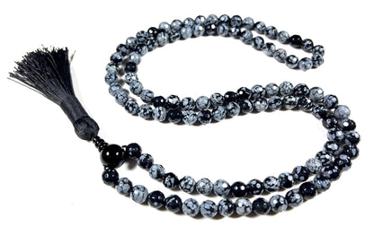 Snowflake Obsidian Mala Beads Necklace, Facetted 8mm 108 Mala Beads, Capricorn and Virgo Birthstone Crystal Gemstones
