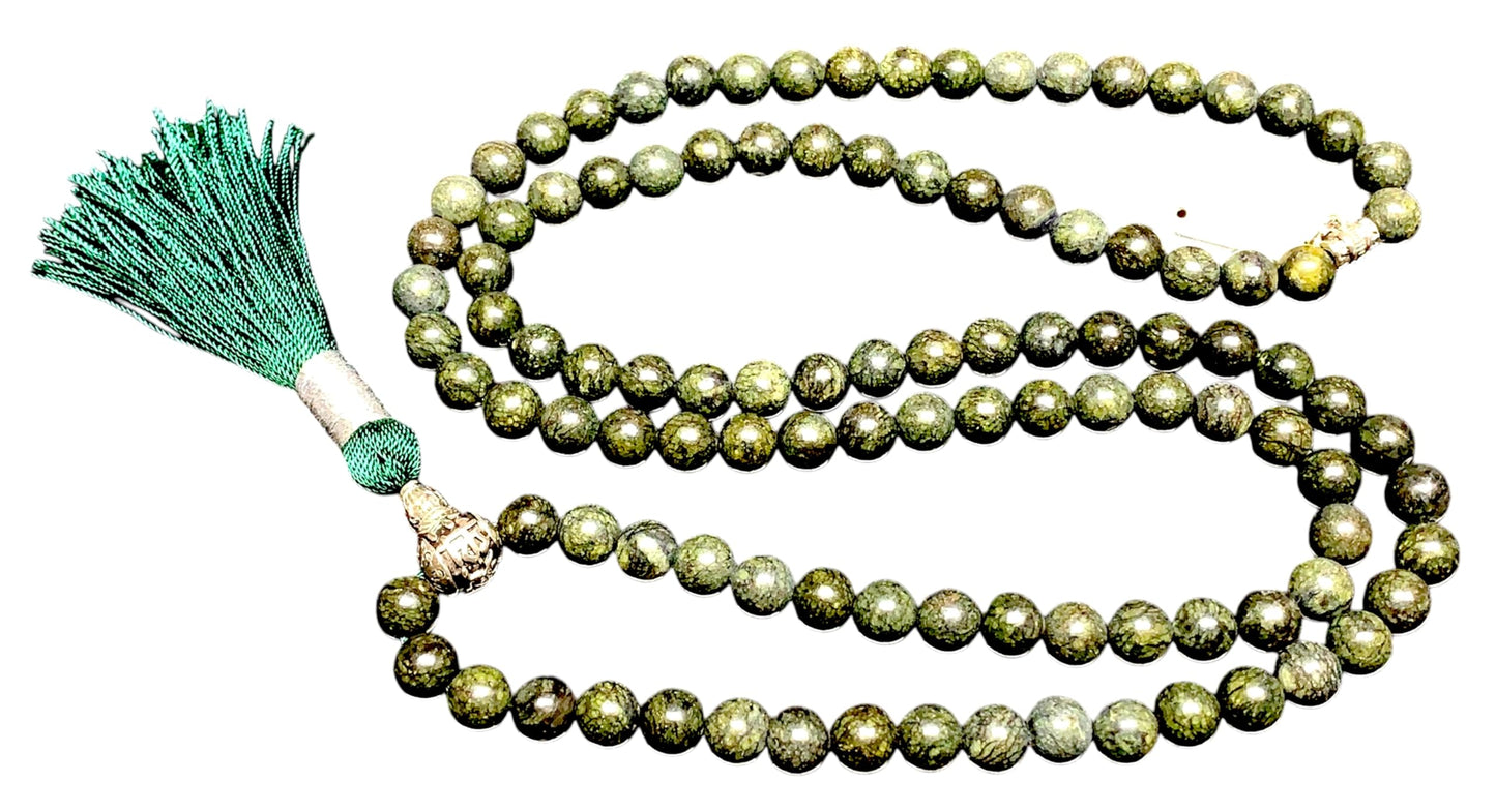 Handmade Om Serpentine Mala Necklace | Zinc Alloy Om Mani Padme Hum Guru | 8mm 108 Mala Beads | Heart Chakra | May Birthstone Energy | Ethically Sourced