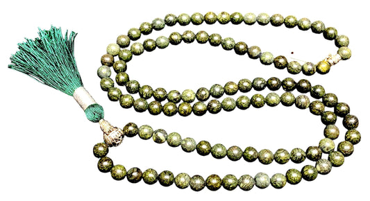 Handmade Om Serpentine Mala Necklace | Zinc Alloy Om Mani Padme Hum Guru | 8mm 108 Mala Beads | Heart Chakra | May Birthstone Energy | Ethically Sourced