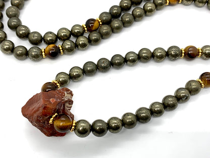 Stunning Pyrite Tiger's Eye Mala Beaded Necklace - Leo Virgo Birthstone for July August September - Sacral Solar Plexus Chakra Alignment