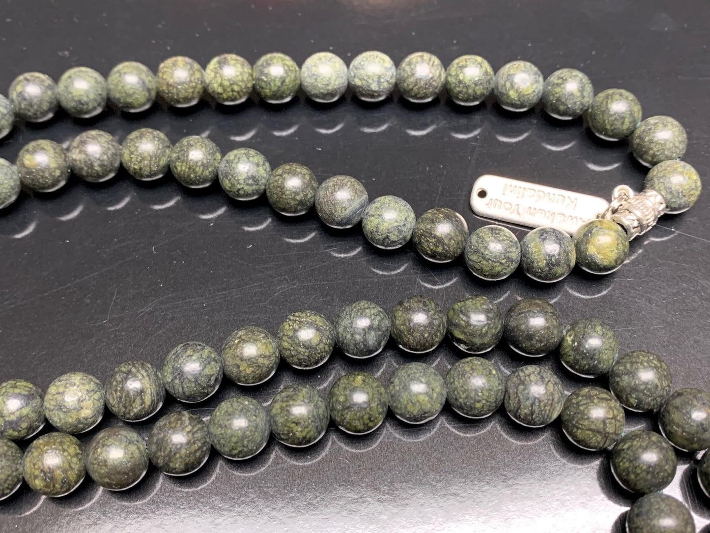 Handmade Om Serpentine Mala Necklace | Zinc Alloy Om Mani Padme Hum Guru | 8mm 108 Mala Beads | Heart Chakra | May Birthstone Energy | Ethically Sourced
