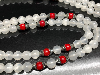 Selenite & Red Coral Mala Beads Necklace | 8mm 108 Beads | Crown & Root Chakras | Birthstones Jewelry | Ethically Sourced - Ocean Light