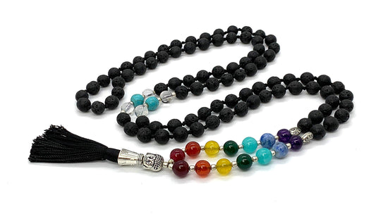 VULCAN 7 Chakra Lava Mala Necklace | Hand Knotted with Buddha Guru Bead | 8mm