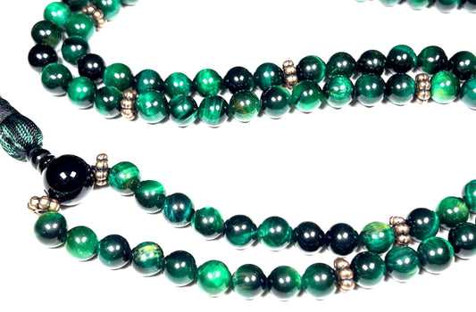 Handmade Green Tiger's Eye Mala Beads Necklace – 8mm 108 Beads - Copper Spacers – Heart Chakra & Taurus Birthstone
