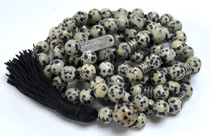 Dalmatian Jasper Mala Necklace: Virgo Birthstone - Balance & Harmony - Root & Crown Chakra (8mm Beads, 44 Inch Length)