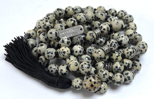 Dalmatian Jasper Mala Necklace: Virgo Birthstone - Balance & Harmony - Root & Crown Chakra (8mm Beads, 44 Inch Length)