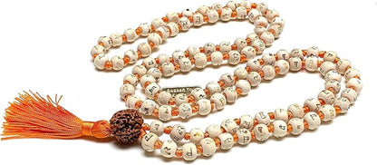Spiritual Harmony Tulsi Mala Necklace with Rudraksha Guru Bead - Cancerian Birthstone - Heart & Sacral Chakra Balance - Orange String