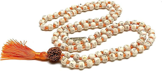 Spiritual Harmony Tulsi Mala Necklace with Rudraksha Guru Bead - Cancerian Birthstone - Heart & Sacral Chakra Balance - Orange String