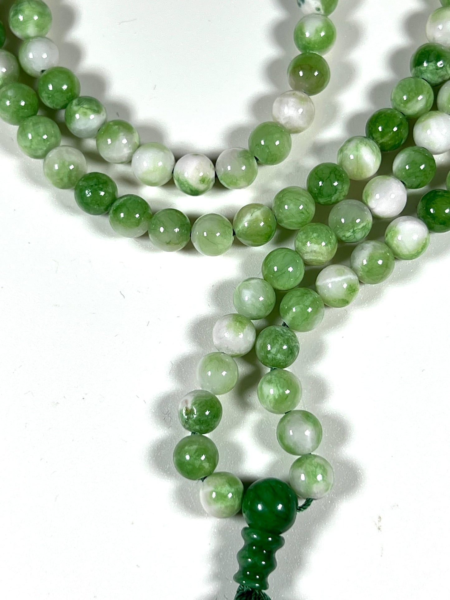 Awaken Your Kundalini Crystal Mala Beads Necklace Reiki healing stones Energized Handmade 108 Buddhist Prayer Beads - w/Velvet Pouch (Green Jade Mix Dyed, 8 mm)
