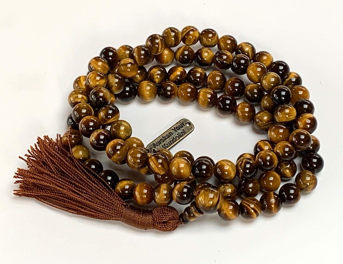 Tiger Eye Tiger's Eye Mala Beads Necklace 3rd Chakra Throat Chakra Healing Crystals 108 Prayer Beads - Grounding Integrity Will Power Intution Insomnia Libido Powerful (BROWN, Bead size 8 mm)