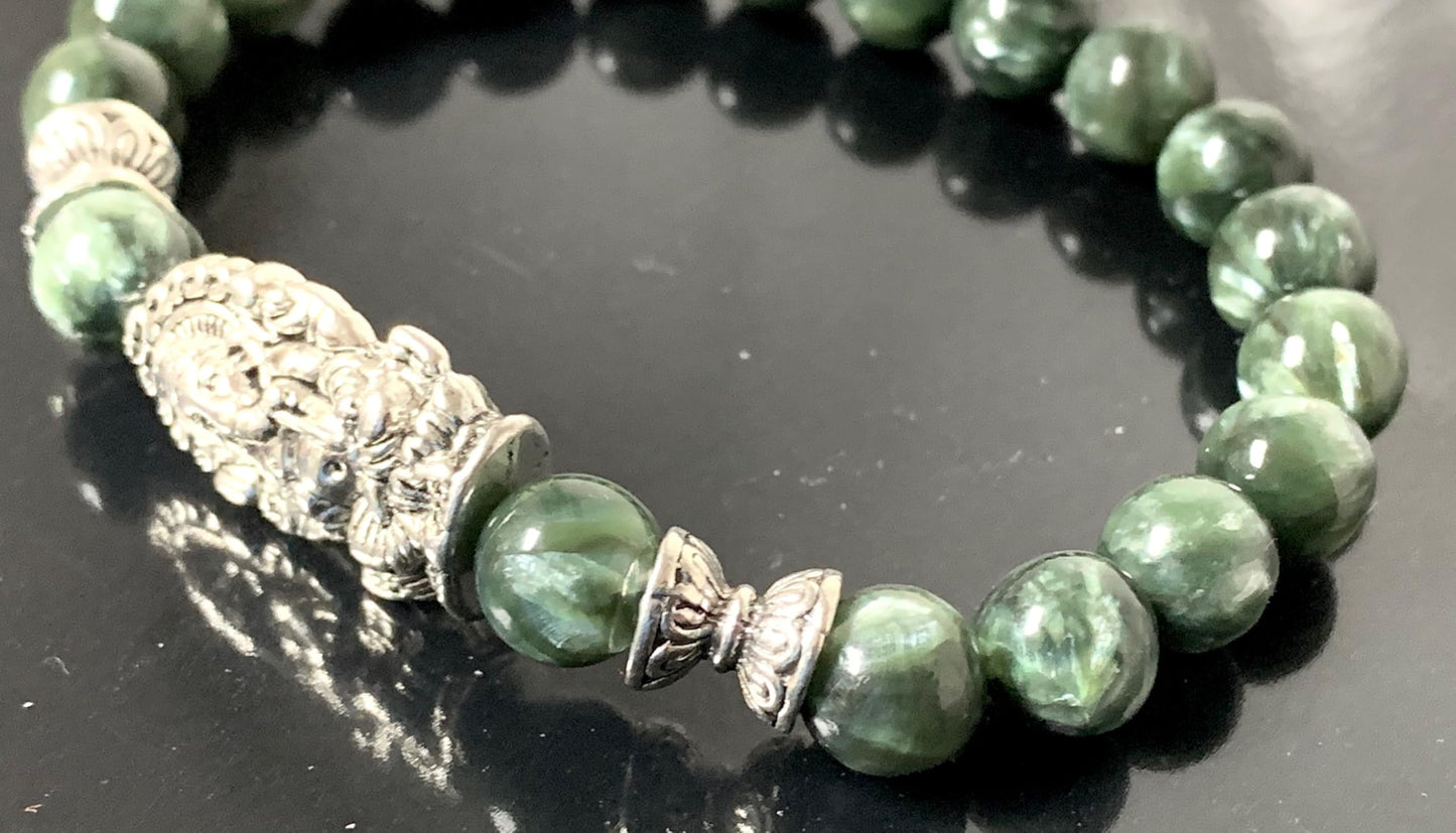Seraphinite Stretch Bracelet with Choice of Alloy Silver Finish Mother Mary & Holy Cross or Lord Ganesha - Universal Birthstone - Heart & Crown Chakra