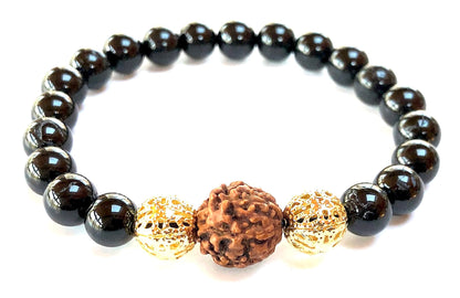 Black Tourmaline & Rudraksha Bead Stretch Bracelet – Birthstone for October, Sun Sign Scorpio & Libra, Root Chakra & Crown Chakra