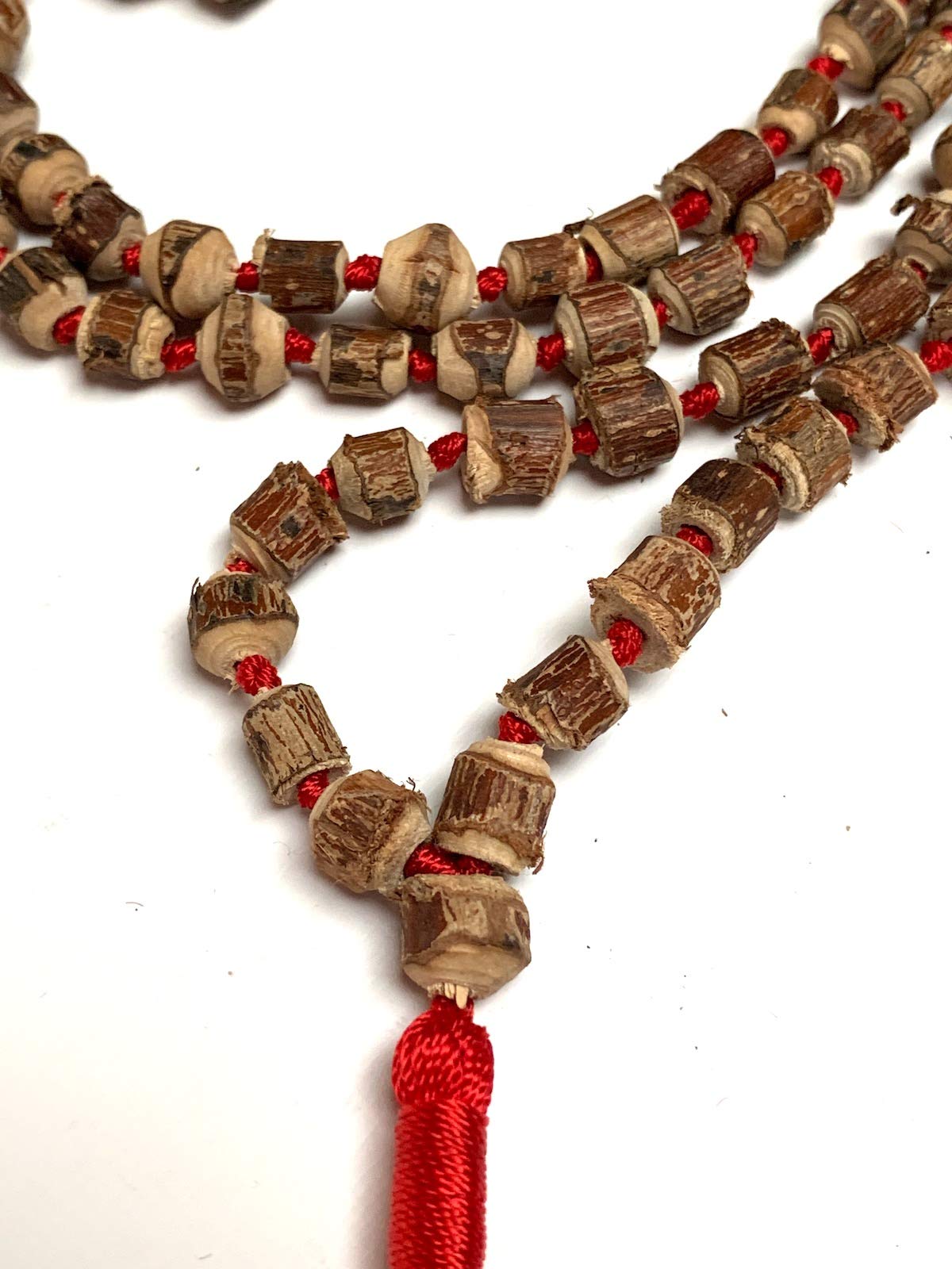 Tulsi mala beads necklace - Energized hand knotted Holy Basil 108 beads w/Velvet Pouch - PURE RAW CUT ROUGH Prayer beads - chanting mantra Meditation - Red Blue Green Orange String (RED)