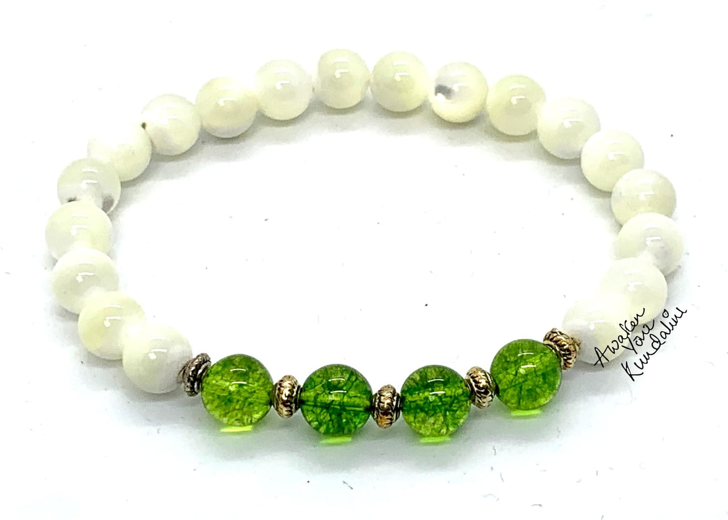 Peridot and Mother of Pearl Stretch Bracelet - August Birthstone for Leo and Virgo - Heart Chakra Jewelry