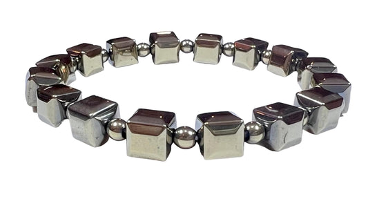 Handmade Pyrite Stretch Bracelet – 8mm Cube and Round Beads – Leo Birthstone – Solar Plexus Chakra – Approx. 7 Inch Wrist Size