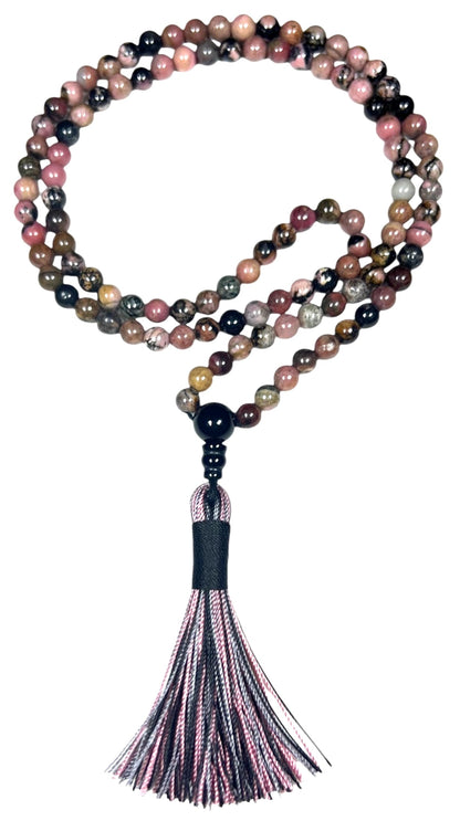Rhodonite Mala Beads Necklace with Black Onyx Guru Bead – 108 Beads – 6mm & 8mm – Heart Chakra & Gemini Birthstone – Meditation Jewelry
