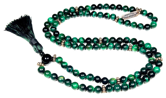 Handmade Green Tiger's Eye Mala Beads Necklace – 8mm 108 Beads - Copper Spacers – Heart Chakra & Taurus Birthstone