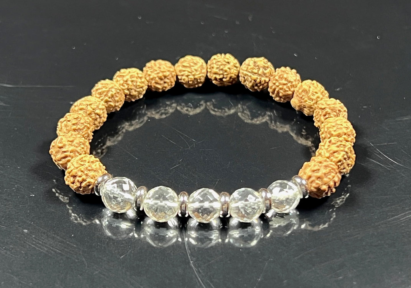 5 Mukhi (five faces) Chikna Rudraksha and Crystal Quartz Stretch Bracelet | Birthstone for April, Taurus Sun Sign | Crown Chakra (Wrist Size 6 Inches)