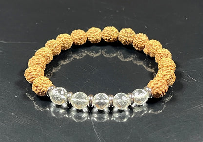 5 Mukhi (five faces) Chikna Rudraksha and Crystal Quartz Stretch Bracelet | Birthstone for April, Taurus Sun Sign | Crown Chakra (Wrist Size 6 Inches)