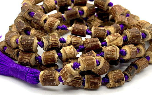 Tulsi mala beads necklace - Energized hand knotted Holy Basil 108 beads w/Velvet Pouch - PURE RAW CUT ROUGH Prayer beads - chanting mantra Meditation - Red Blue Green Orange String (PURPLE)