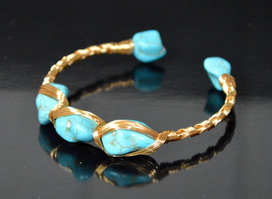 Natural Turquoise Bangle – December Birthstone Bracelet – Handmade Wire Wrapped Adjustable Bangle with 18k Gold Plating – Throat Chakra – Ethically Sourced Gemstone Jewelry Gift for Women & Moms