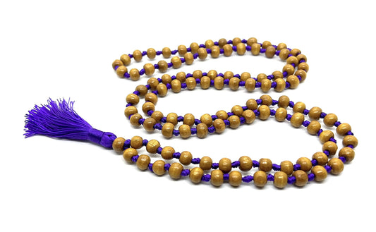 AWAKEN YOUR KUNDALINI Hand Knotted Tulsi Tulasi Mala Beads Necklace, Aries Taurus Birthstone, Heart Chakra, Purple String