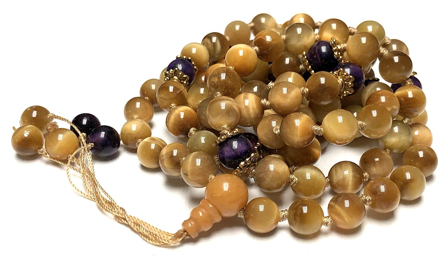 Hand-knotted Golden & Purple Tiger's Eye Mala Beads Necklace - Leo & Sagittarius Birthstone, Astrological Sun Sign Necklace, Solar Plexus & Crown Chakra