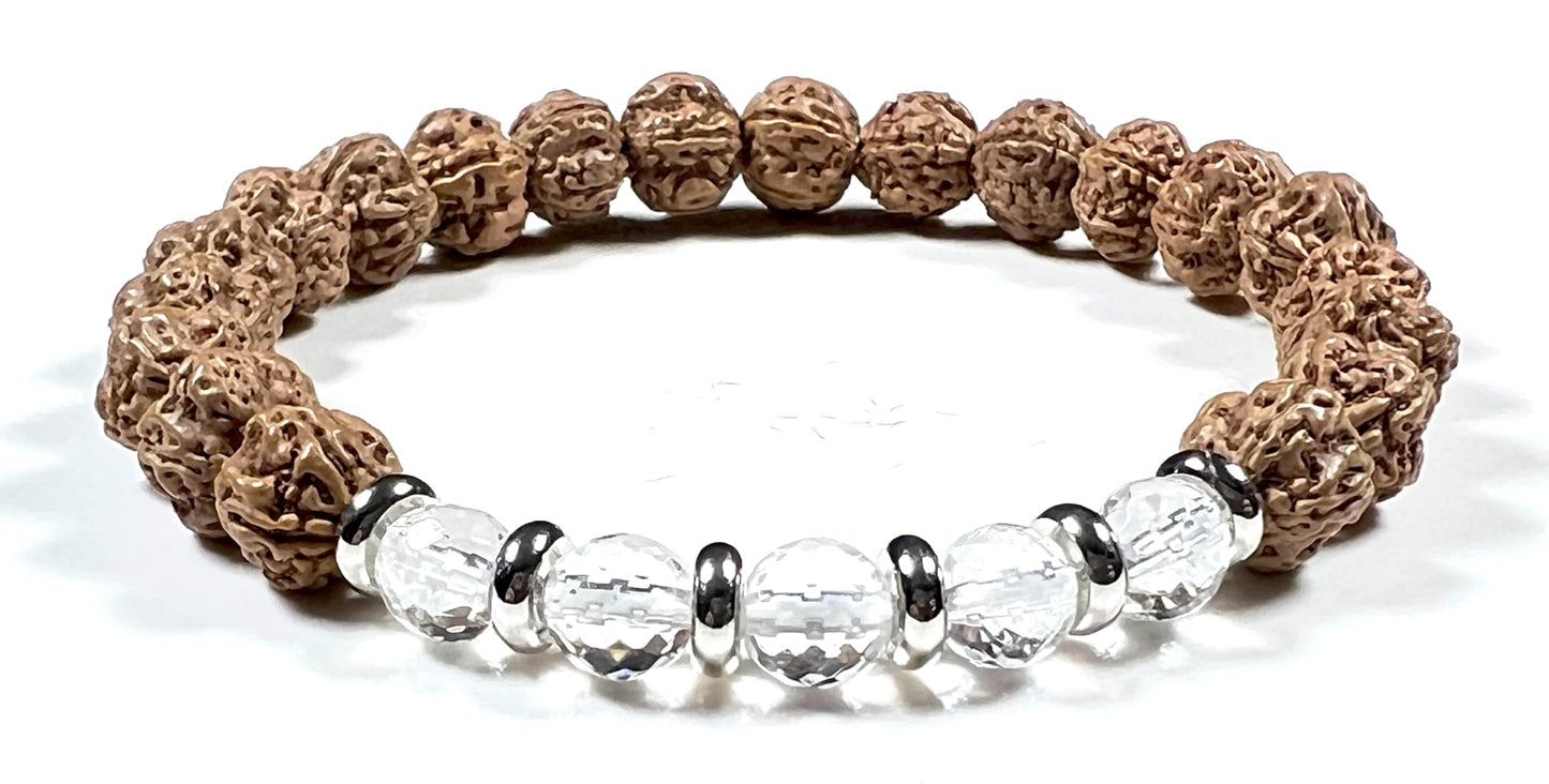 5 Mukhi Chikna Rudraksha Bracelet with Crystal Quartz | Stretch Beads for Balance & Clarity