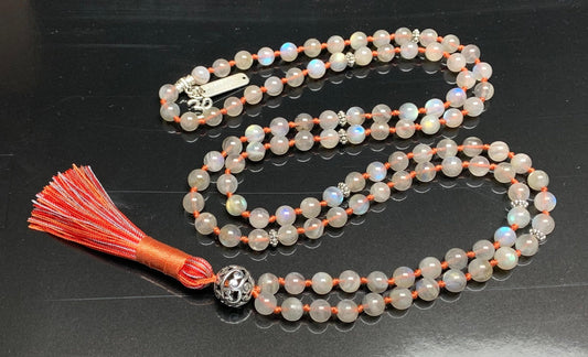 Hand Knotted Labradorite Mala Necklace | 108 Beads | Scorpio Birthstone Necklace | Throat Fifth Chakra | Tassel Necklace | Communication | Self Expression | Creativity in Writing | Public Speaking