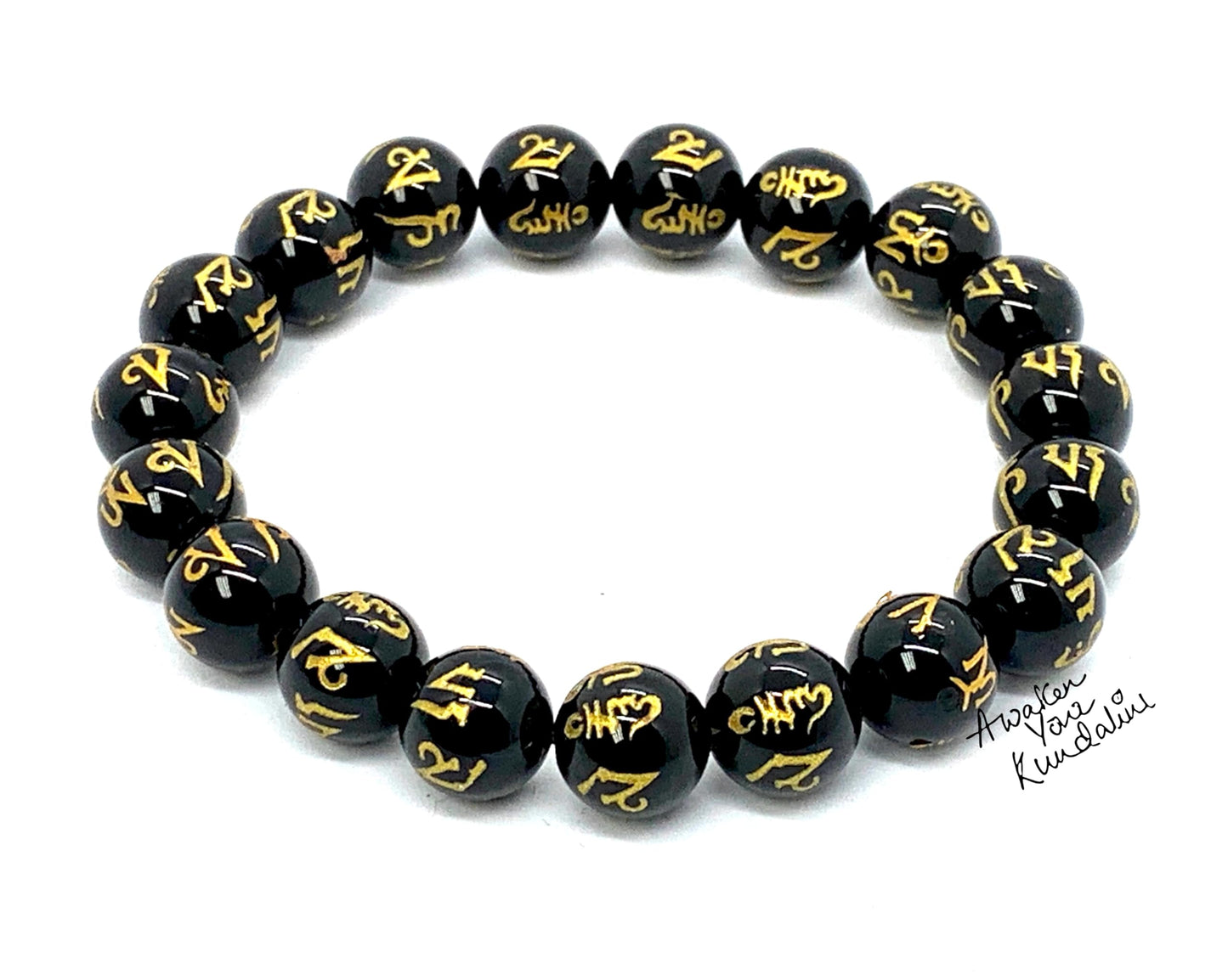 Black Obsidian Buddhist Prayer Beads Stretch Bracelet - Om Mani Padme Hum Mantra Etched Beads - Scorpio Birthstones for October-November - Root Chakra