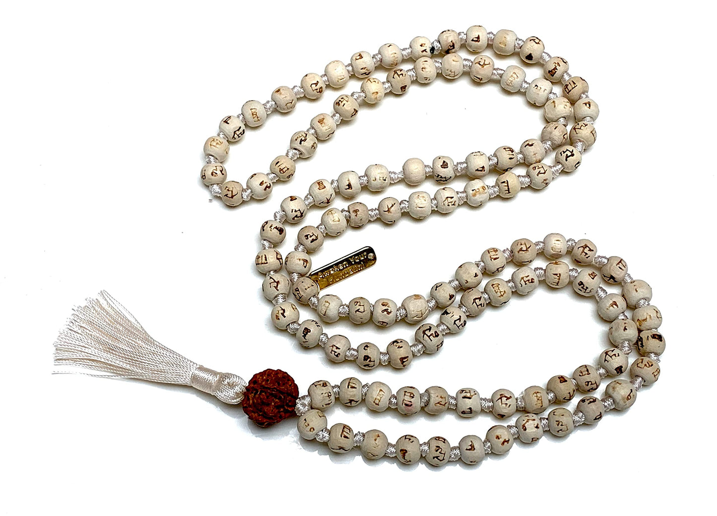 Spiritual Harmony Tulsi Mala Necklace with Rudraksha Guru Bead - Cancer Sun Sign - Heart & Sacral Chakra Balance - White String