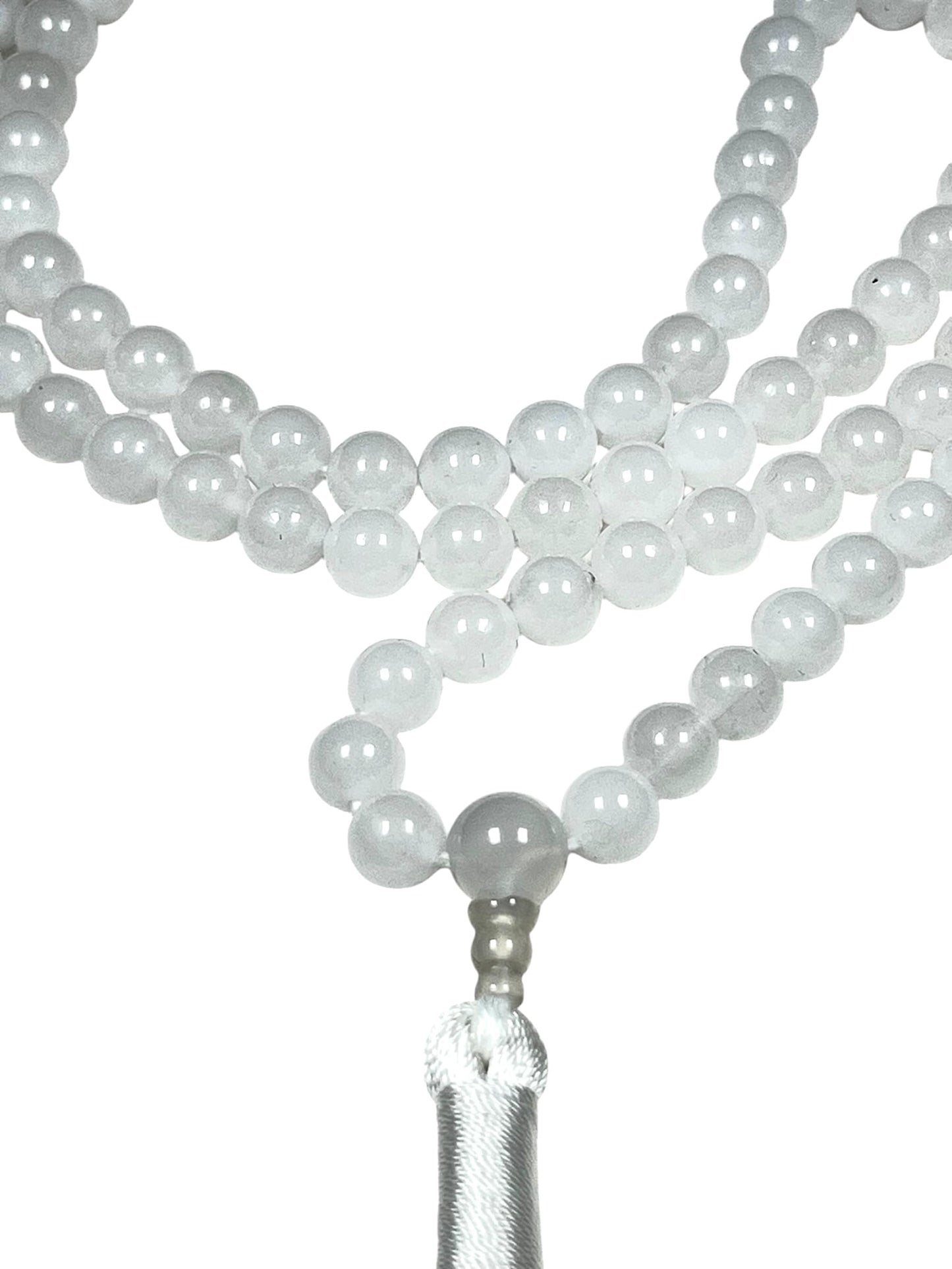 Handmade Pure White Agate Mala Beads Necklace – 8mm 108 Beads – Crown Chakra & Cancer Birthstone – Meditation Jewelry