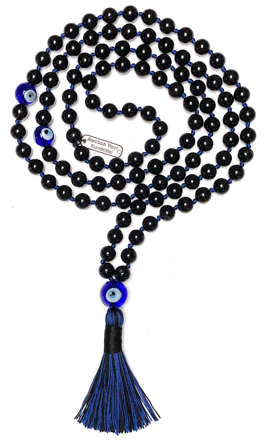 VESTA Black Tourmaline & Evil Eye Mala Necklace | 108 Handcrafted Beads for Protection, Grounding & Intuition | Root & Third Eye Chakra | Capricorn & Aquarius Birthstone | Handmade in USA