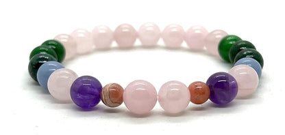 Harmony & Balance Bracelet: Amethyst, Rose Quartz, Green Jade, Angelite, Rhodochrosite (8mm Beads, 7.5 Inch Wrist)