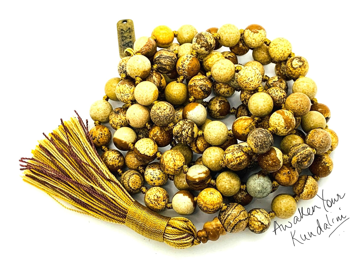 Hand-Knotted Picture Jasper Mala Beads Necklace – 8mm 108 Beads – Root Chakra & Virgo Birthstone – Meditation Jewelry