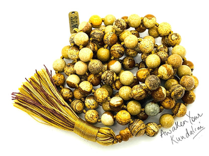 Hand-Knotted Picture Jasper Mala Beads Necklace – 8mm 108 Beads – Root Chakra & Virgo Birthstone – Meditation Jewelry