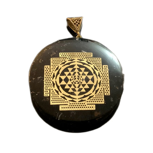 Shungite Sri Yantra Orgone Pendant Necklace, 2 Inch Diameter, Aquarius Gemstone, Root & Crown Chakra - Embrace Harmony: