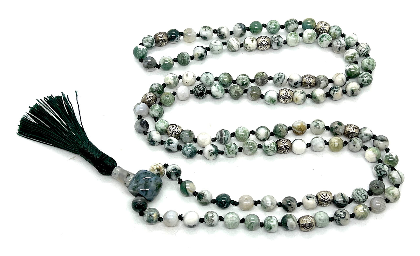 Certified Energized Mala Beads Necklace with COA - Chakra Mala - Japa Mala - 8mm 108 Buddhist Prayer Beads - Meditation Mala - Tassel Necklace – Zodiac/Sun Sign stones (Green Tree Agate)
