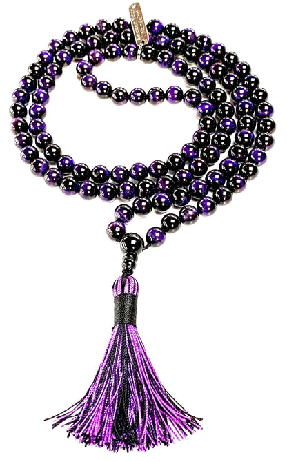 Tiger's Eye Mala Necklace – 8mm 108 Beads – Multicolor Options – Solar Plexus Chakra & Zodiac Birthstones – Meditation Jewelry