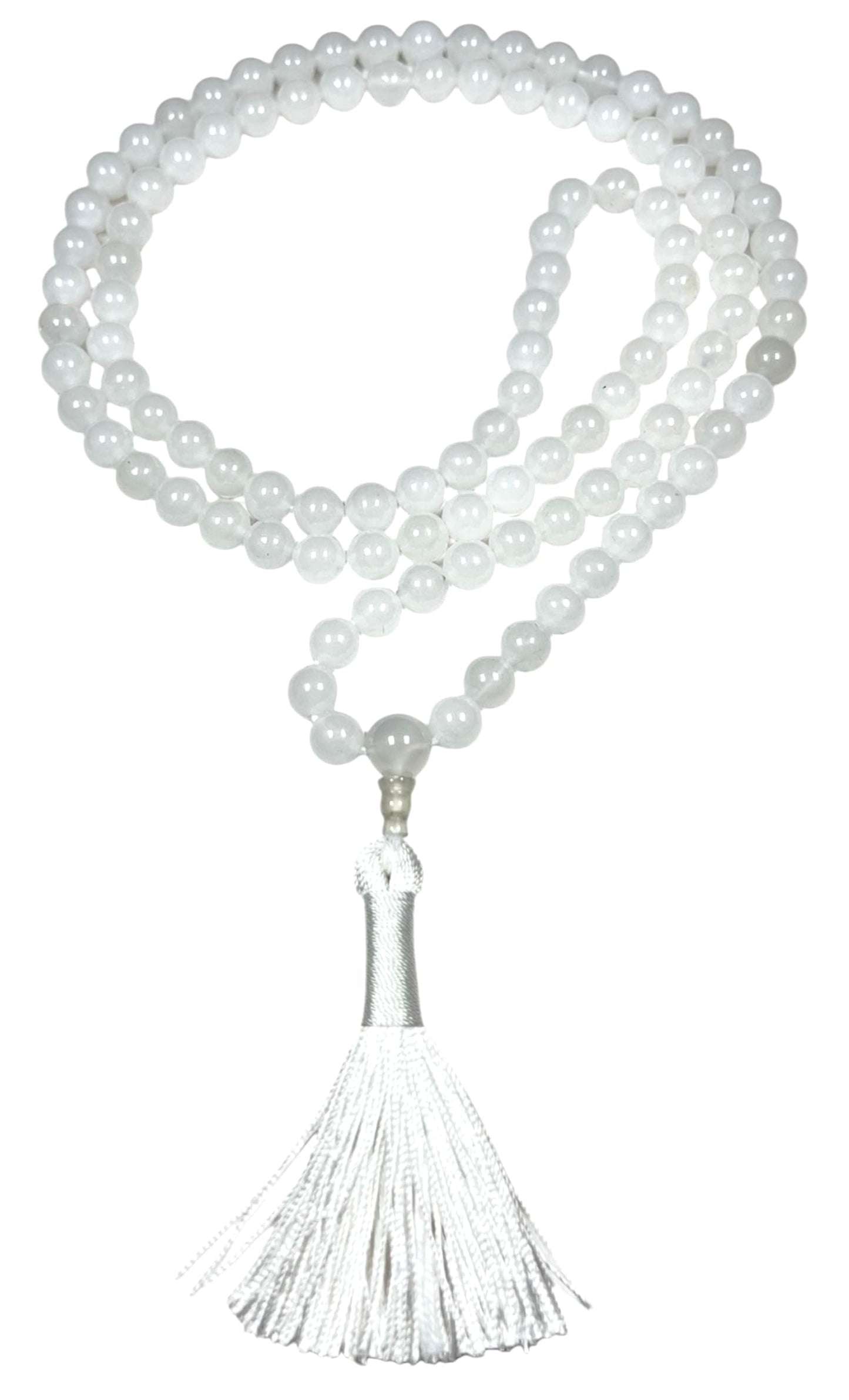 Handmade Pure White Agate Mala Beads Necklace – 8mm 108 Beads – Crown Chakra & Cancer Birthstone – Meditation Jewelry