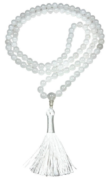 Handmade Pure White Agate Mala Beads Necklace – 8mm 108 Beads – Crown Chakra & Cancer Birthstone – Meditation Jewelry