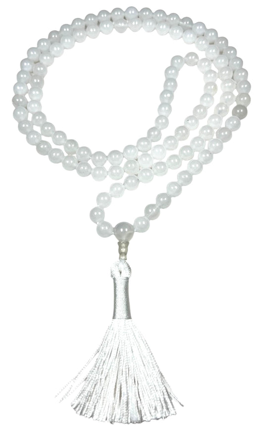 Handmade Pure White Agate Mala Beads Necklace – 8mm 108 Beads – Crown Chakra & Cancer Birthstone – Meditation Jewelry