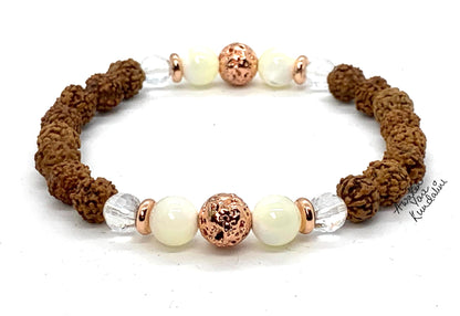 5 Mukhi Chikna Rudraksha, Crystal Quartz, Mother of Pearl and Lava Stretch Bracelet - April Birthstone for Aries, Taurus - Root & Crown Chakra Alignment
