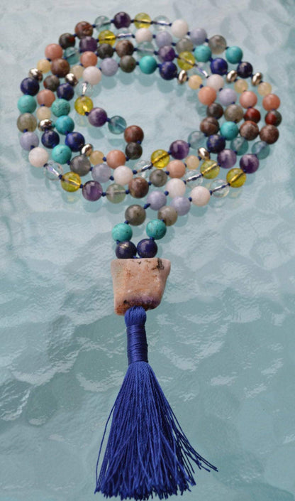 Hand-Knotted Pisces Mala Necklace – February & March Birthstone - Third Eye, Throat, Heart, Solar Plexus and Crown Chakras