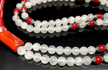 Selenite & Red Coral Mala Beads Necklace | 8mm 108 Beads | Crown & Root Chakras | Birthstones Jewelry | Ethically Sourced - Ocean Light