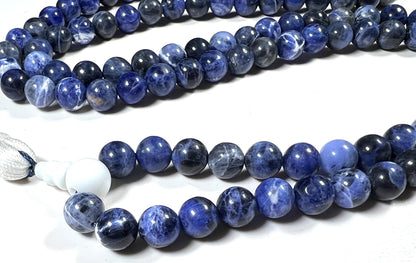 Sodalite Mala Beads Necklace – 8mm, 108 Beads – Throat & Third Eye Chakra, Sagittarius Birthstone