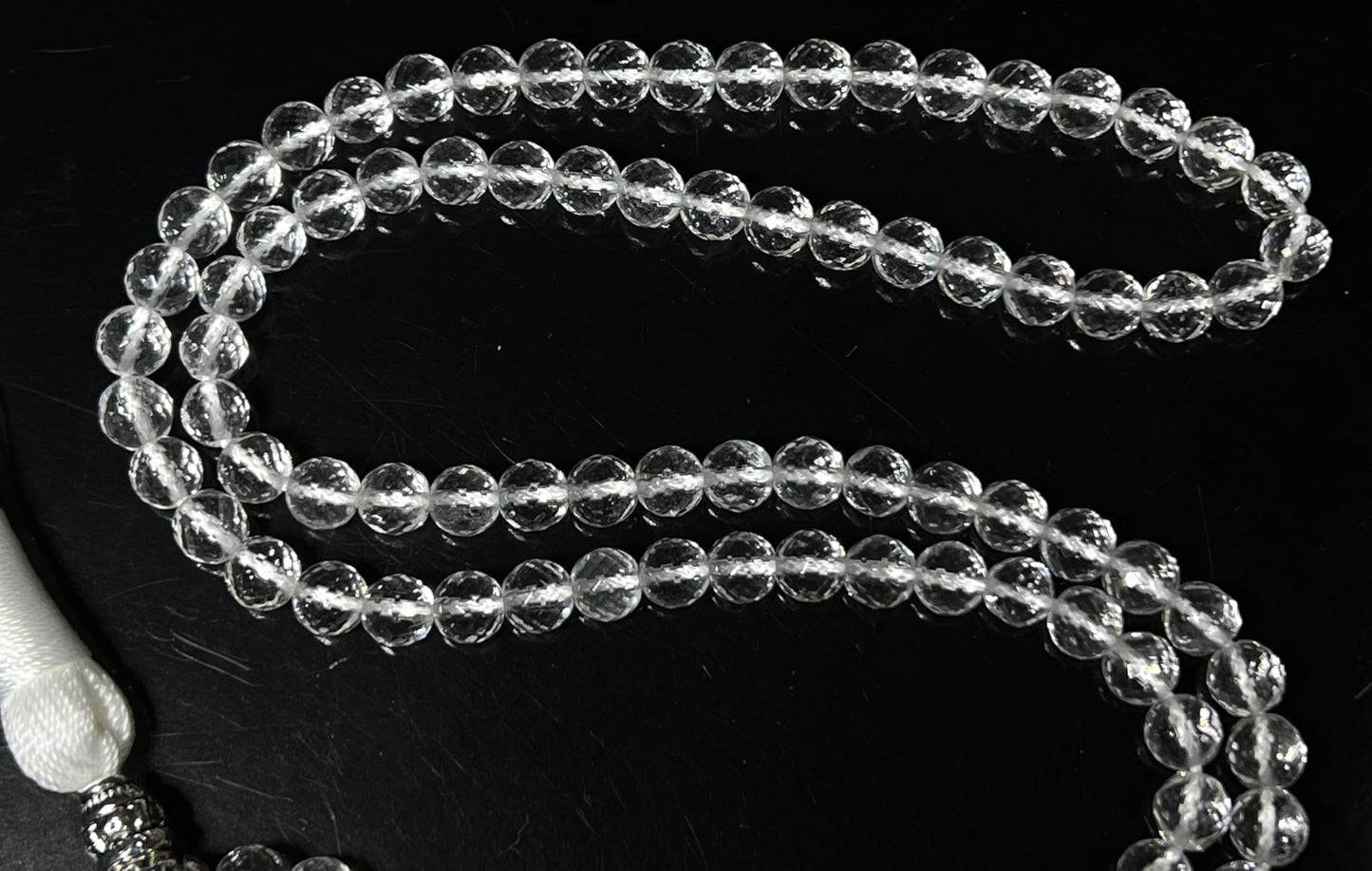 Diamond Cut Crystal Quartz Mala Beads Necklace – 108 Beads – Alloy Guru Bead with "Om Mani Padme Hum" Mantra Inscription – 6mm & 8mm – April Birthstone & Crown Chakra Energy Beads