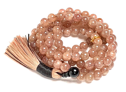 Awaken Your Kundalini Crystals Mala Beads Necklace Reiki healing stones Blessed & Energized Handmade 108 Buddhist Prayer Beads - Comes w/Velvet Pouch (Strawberry Quartz, 8 mm)